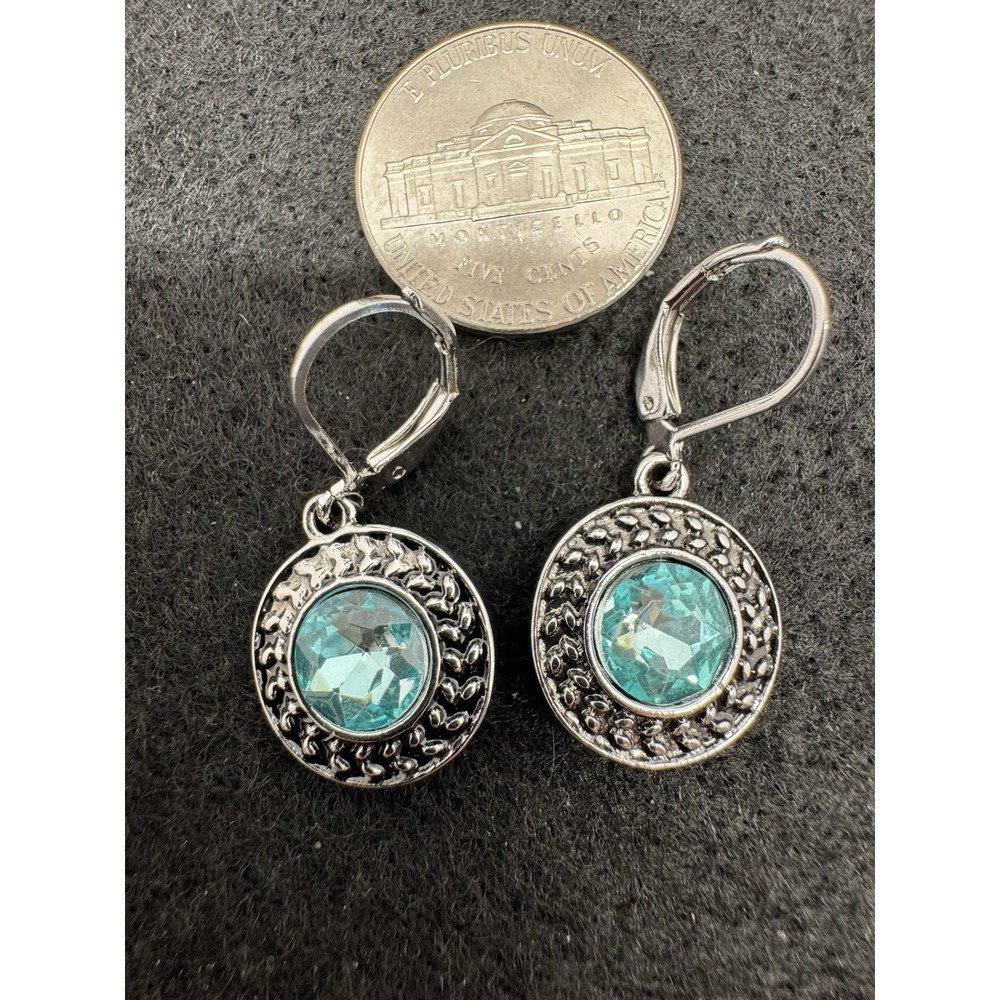 Silver Tone Blue Round Crystal Bezel Dangle Earrings Leverback Pair